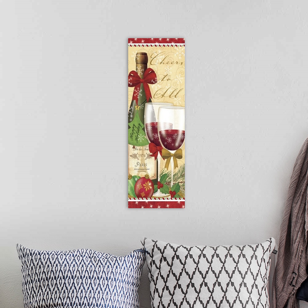 A bohemian room featuring Contemporary artwork of a Christmas scene of glasses of red wine next to a bottle of wine.