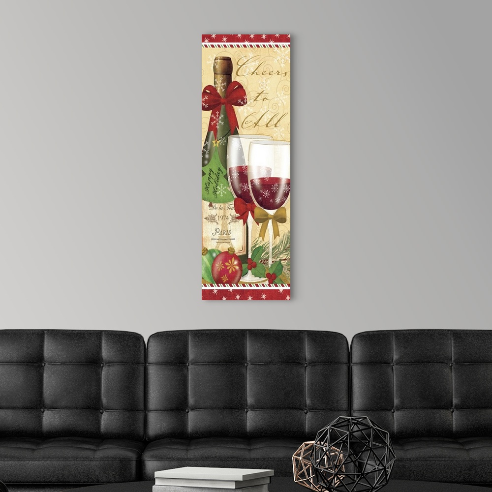A modern room featuring Contemporary artwork of a Christmas scene of glasses of red wine next to a bottle of wine.