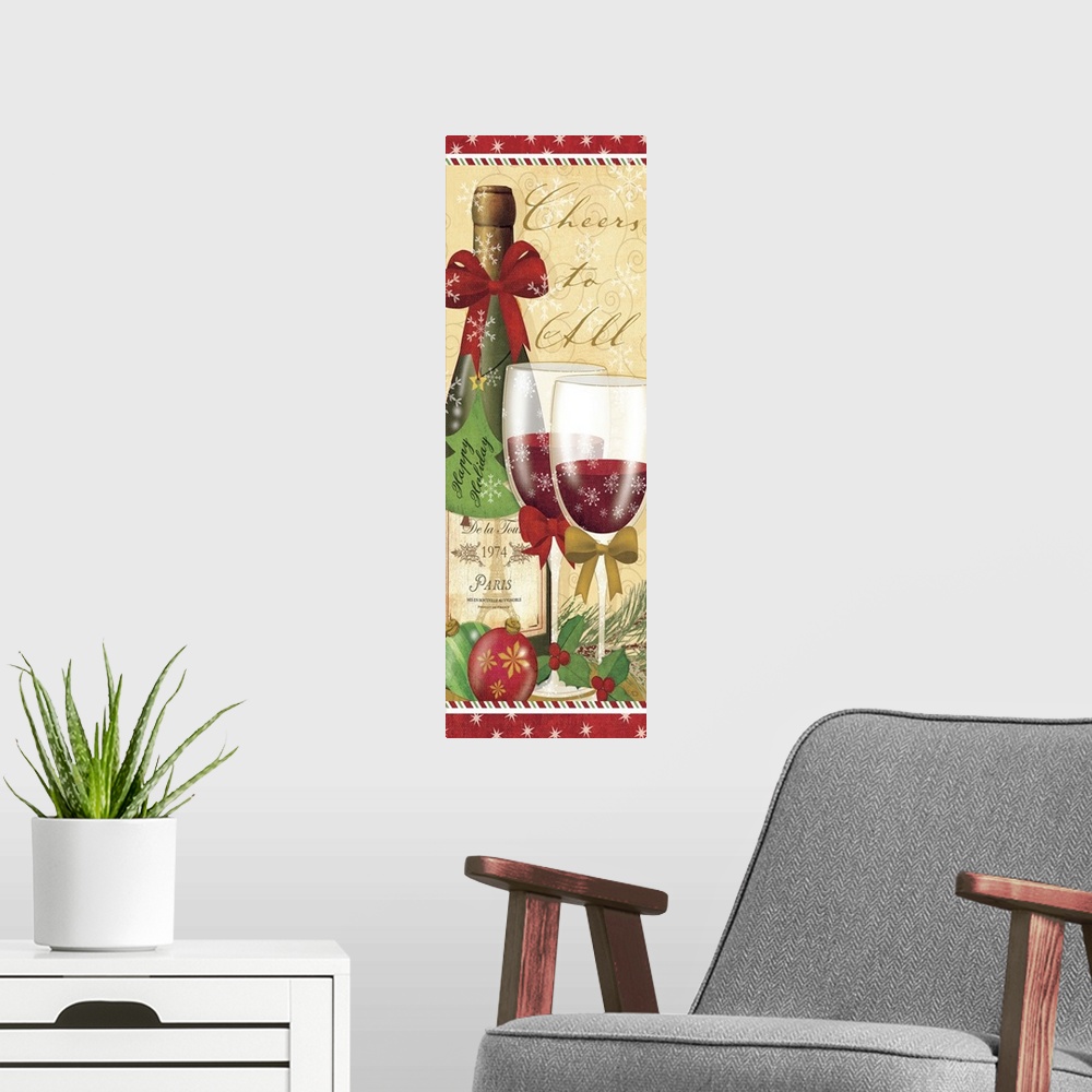 A modern room featuring Contemporary artwork of a Christmas scene of glasses of red wine next to a bottle of wine.