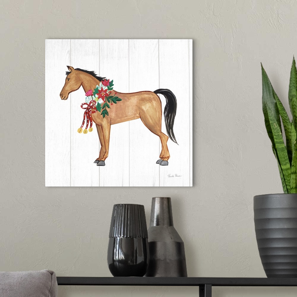A modern room featuring Square artwork of a brown horse with a holiday wreath around her neck while on a white wood backg...