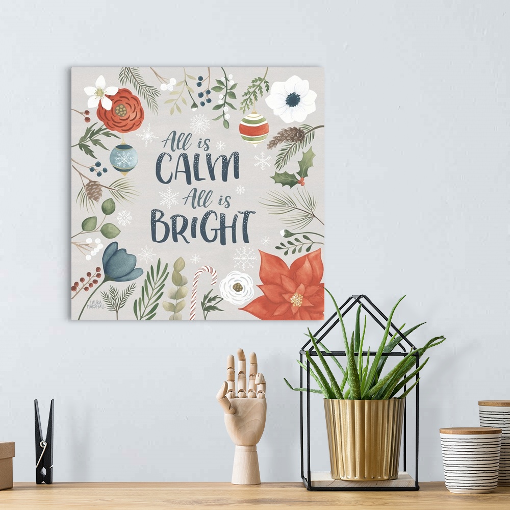 A bohemian room featuring "All is Calm All is Bright" surrounded by colorful seasonal flowers and leaves.
