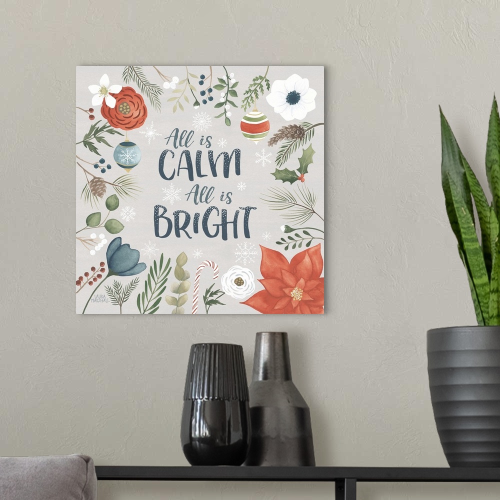 A modern room featuring "All is Calm All is Bright" surrounded by colorful seasonal flowers and leaves.