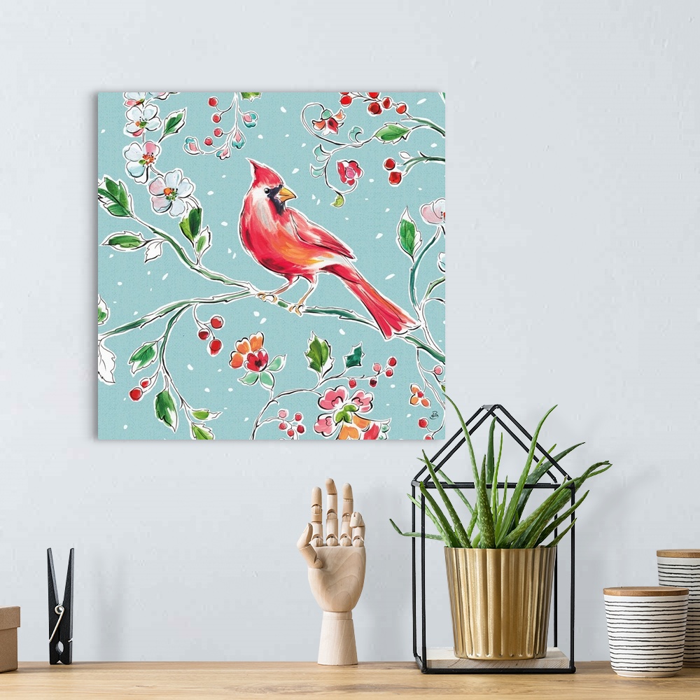 A bohemian room featuring Seasonal decor of a cardinal perched on a branch with flowers and berries on a light blue backgro...