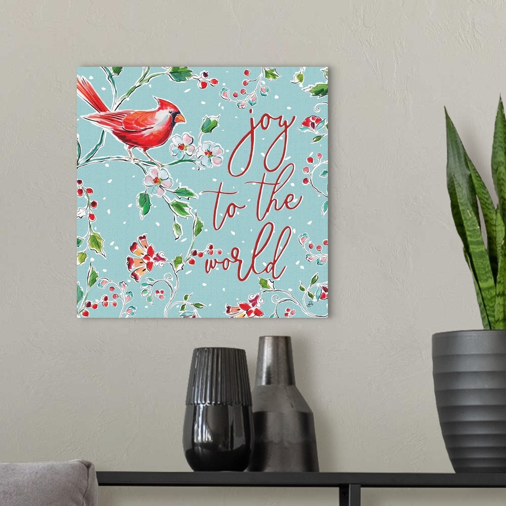 A modern room featuring Seasonal decor of a cardinal perched on a branch with flowers and berries on a light blue backgro...