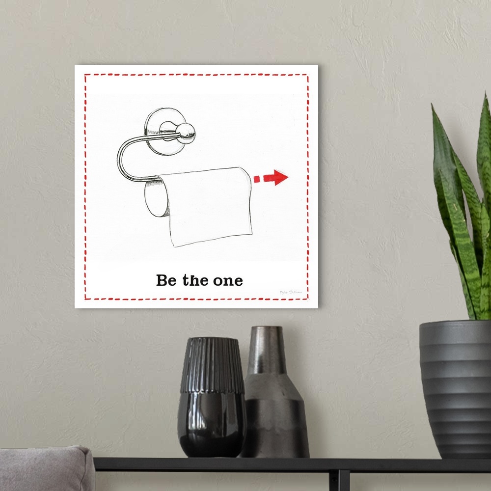 A modern room featuring Amusing chore illustration of a laundry basket with the text "Be the one".