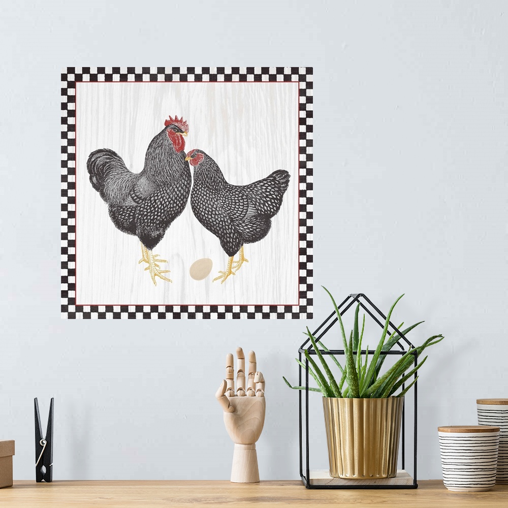 A bohemian room featuring Two roosters with an egg on a wood grain background with a black and white checkered boarder with...