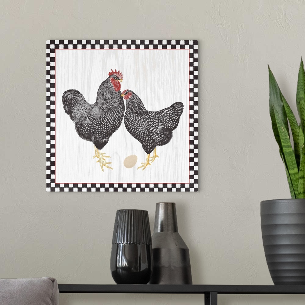 A modern room featuring Two roosters with an egg on a wood grain background with a black and white checkered boarder with...