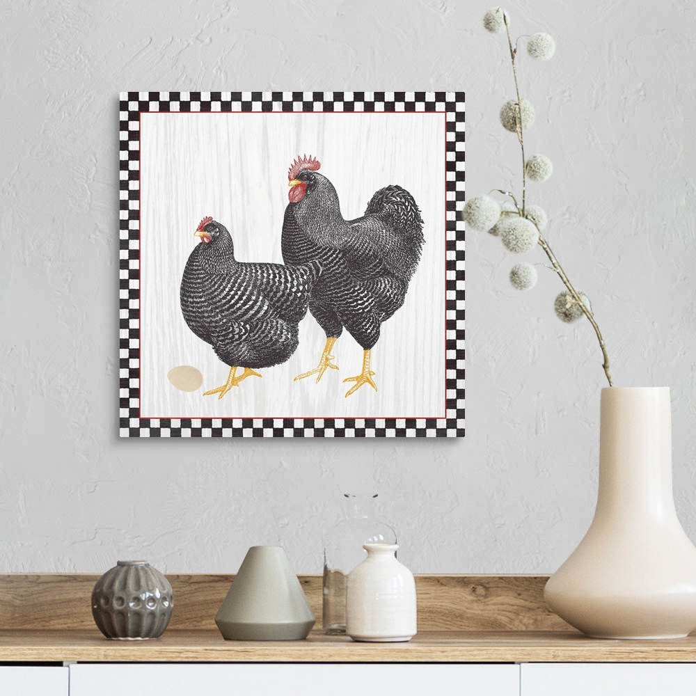 A farmhouse room featuring Two roosters with an egg on a wood grain background with a black and white checkered boarder with...