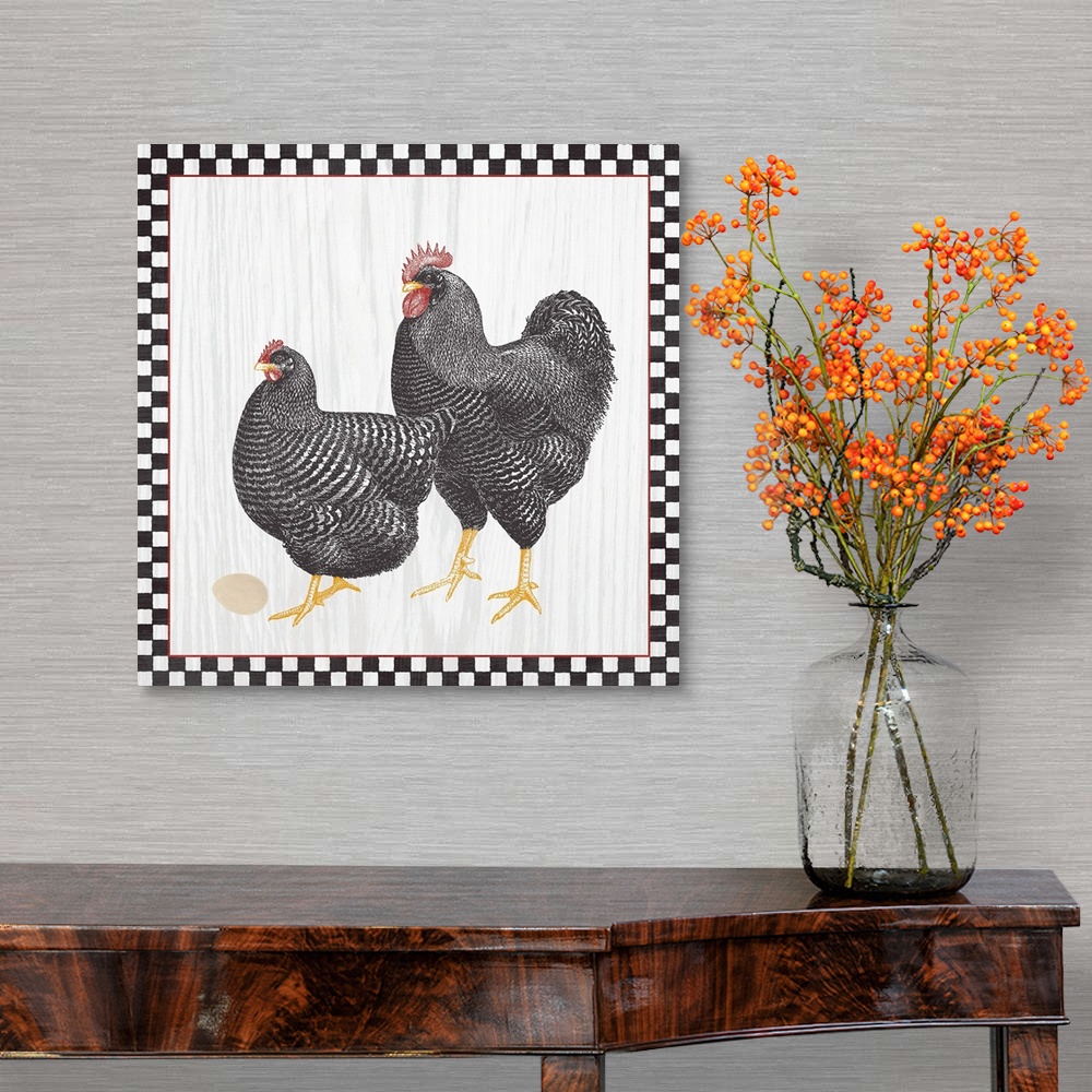 A traditional room featuring Two roosters with an egg on a wood grain background with a black and white checkered boarder with...