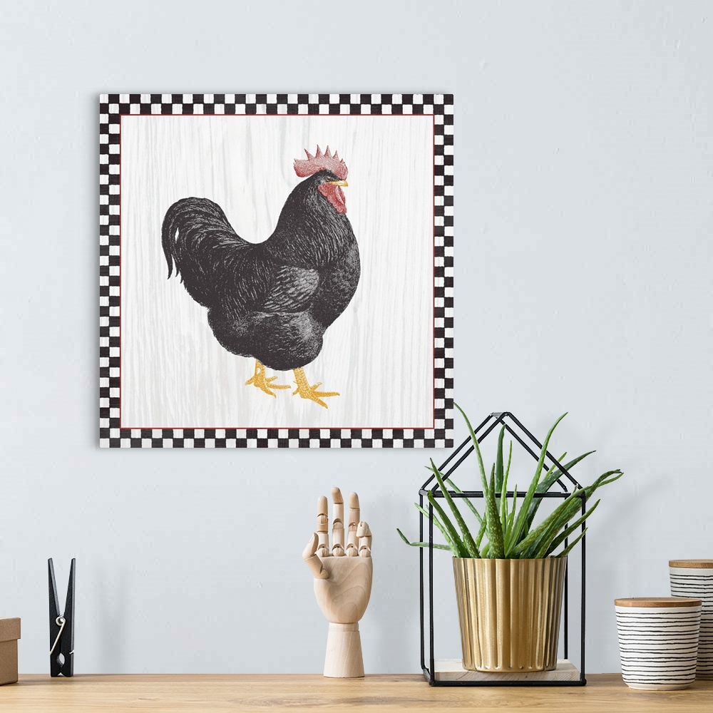 A bohemian room featuring A single rooster on a wood grain background with a black and white checkered boarder with red trim.
