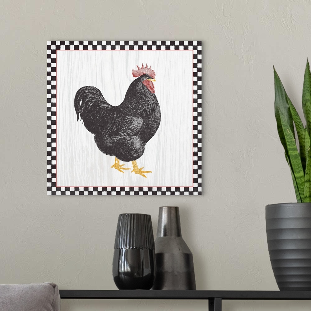 A modern room featuring A single rooster on a wood grain background with a black and white checkered boarder with red trim.