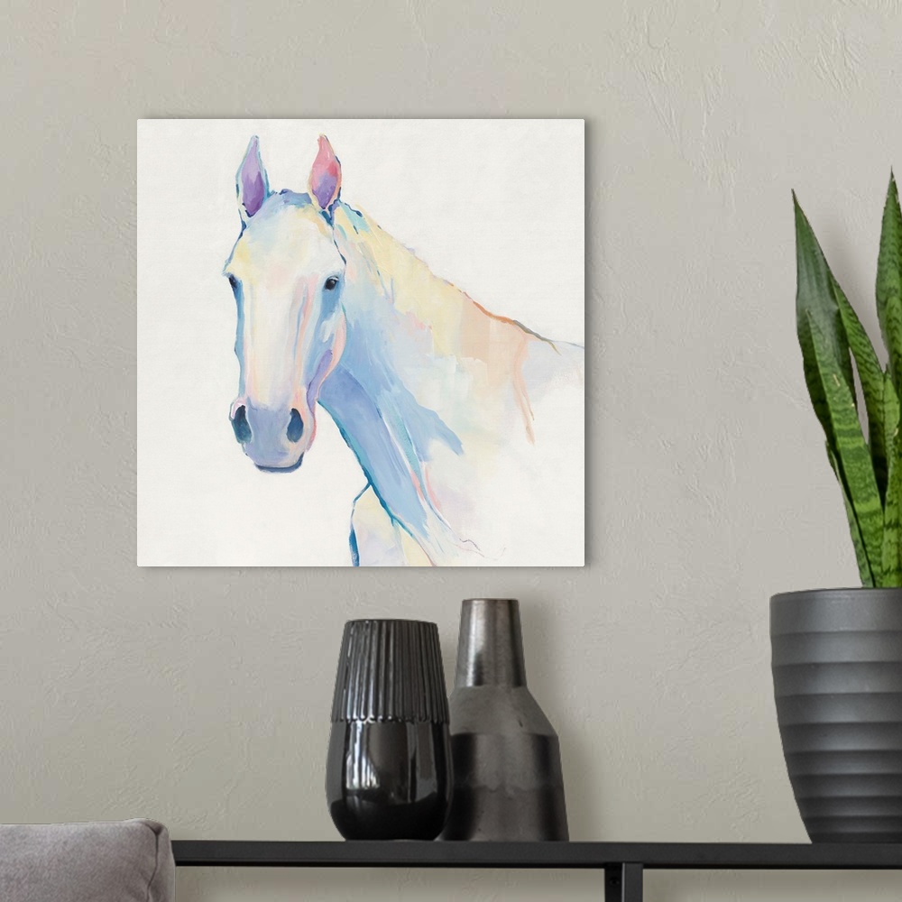 A modern room featuring Contemporary painting in pale cool colors of a horse.