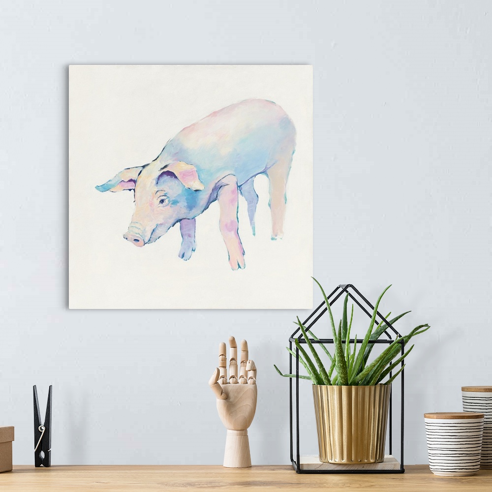 A bohemian room featuring Contemporary painting in pale cool colors of a pig.