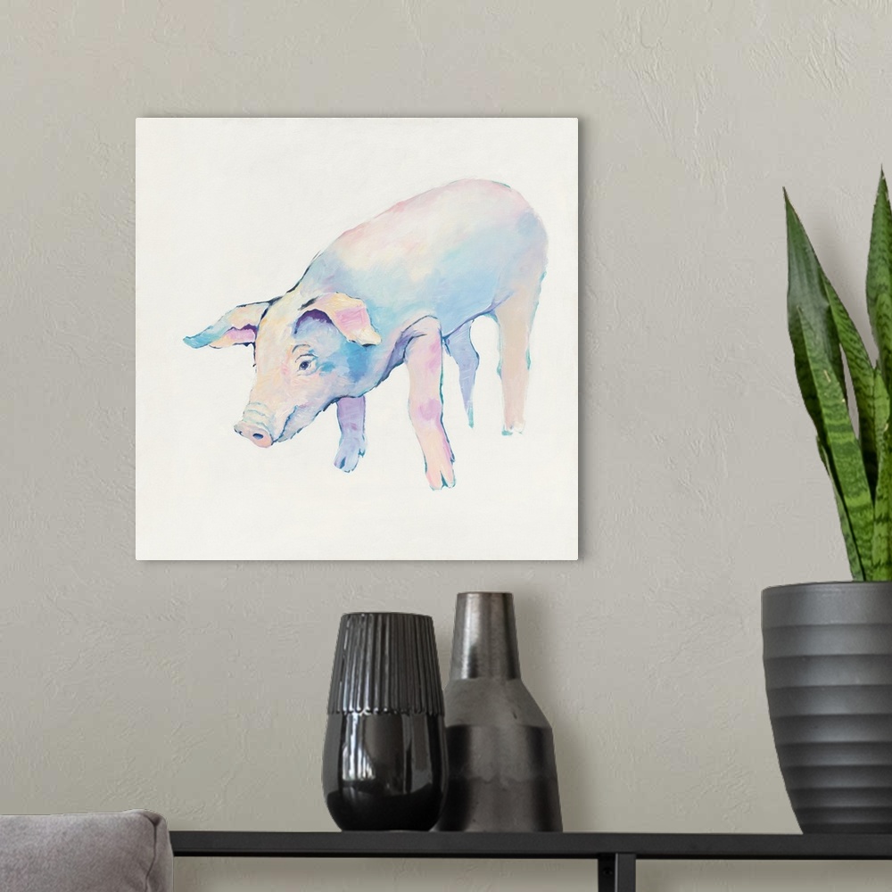 A modern room featuring Contemporary painting in pale cool colors of a pig.