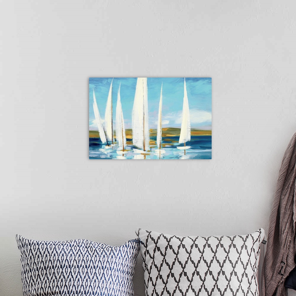 A bohemian room featuring Painting of sailboats in a regatta.