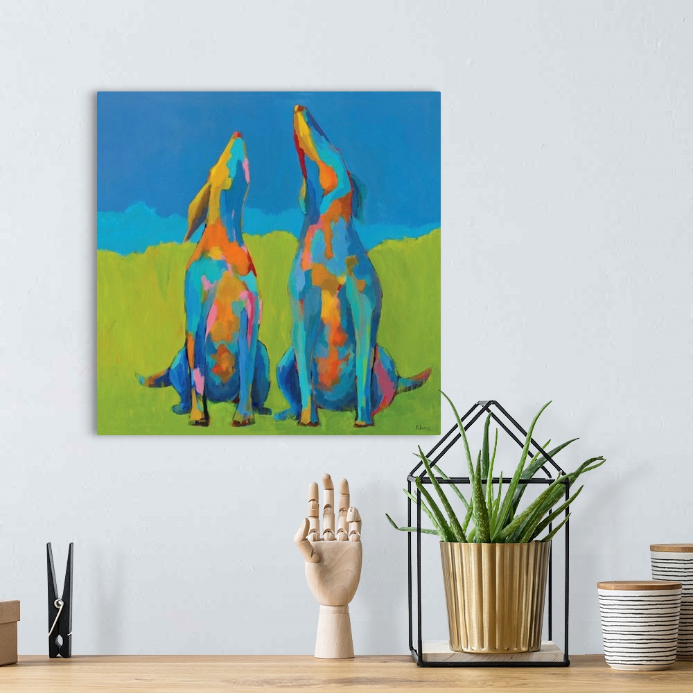 A bohemian room featuring Contemporary abstract painting of two colorful, mosaic style, howling dogs on a green and blue ba...
