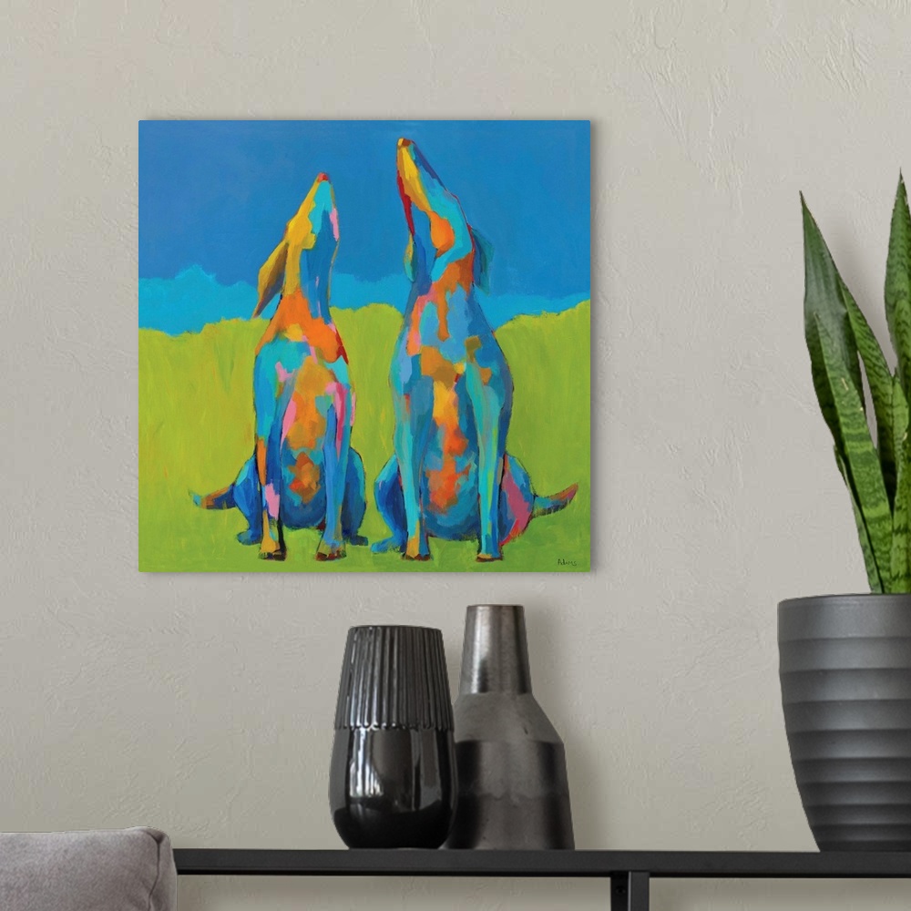 A modern room featuring Contemporary abstract painting of two colorful, mosaic style, howling dogs on a green and blue ba...