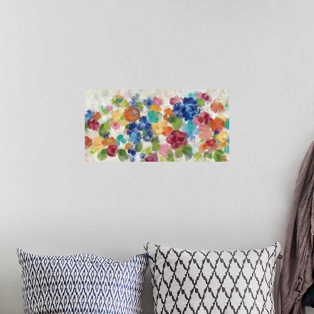 A bohemian room featuring Colorful abstract painting of hydrangeas.