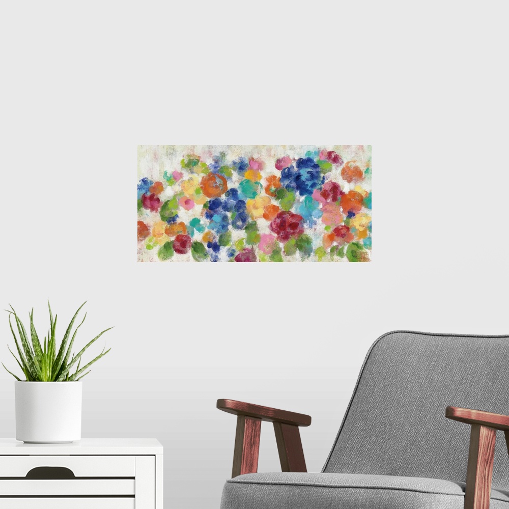 A modern room featuring Colorful abstract painting of hydrangeas.