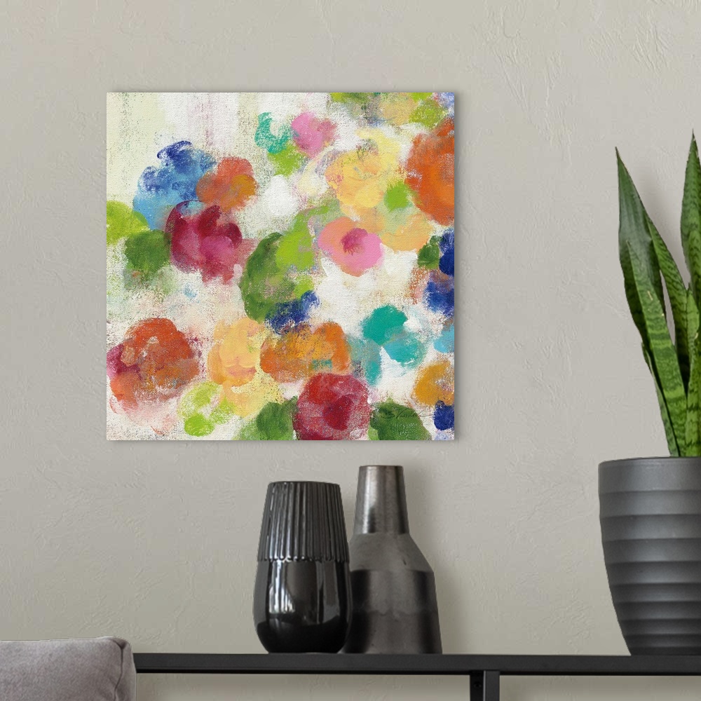 A modern room featuring Decorative artwork of whimsical abstract florals in bright colors.
