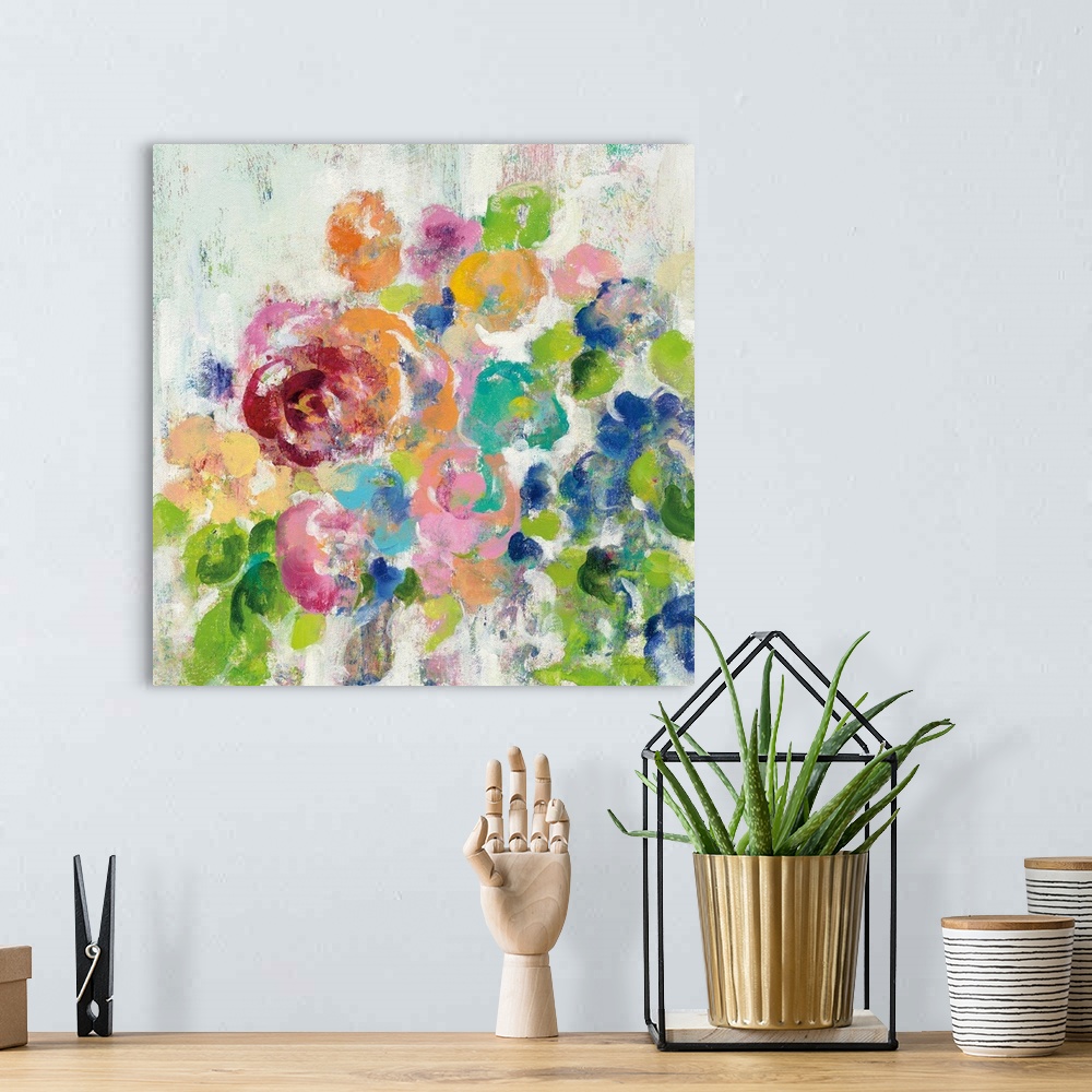 A bohemian room featuring Square painting of bright, colorful flowers with a distress appearance.