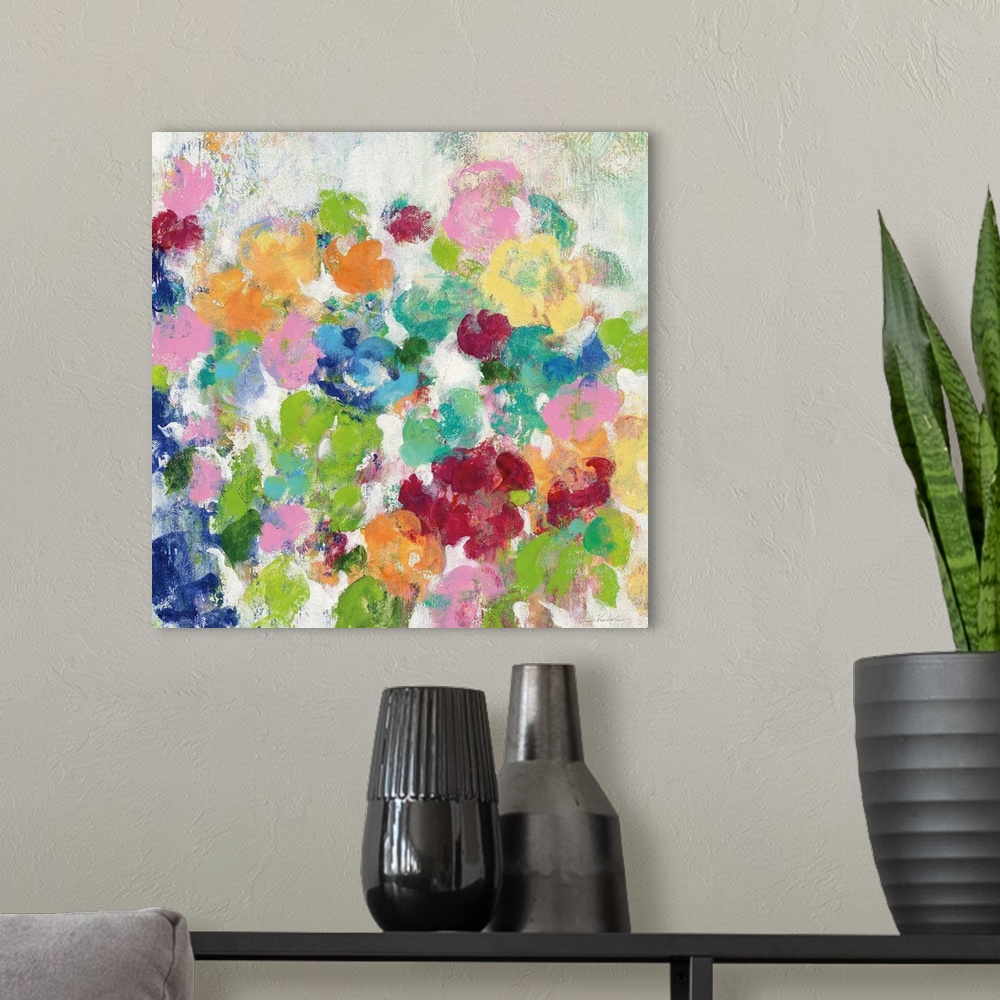 A modern room featuring Square painting of bright, colorful flowers with a distress appearance.