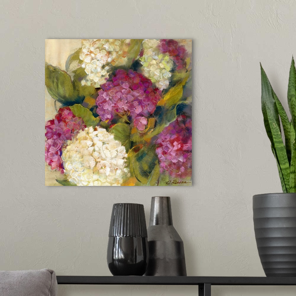 A modern room featuring Classic painting of flower blooms bunched together in circular ball-like shapes.