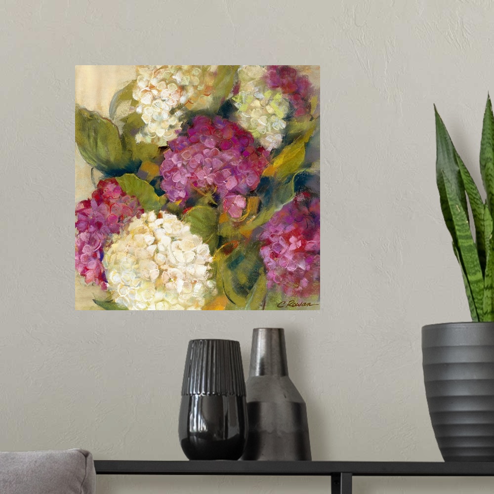 A modern room featuring Classic painting of flower blooms bunched together in circular ball-like shapes.