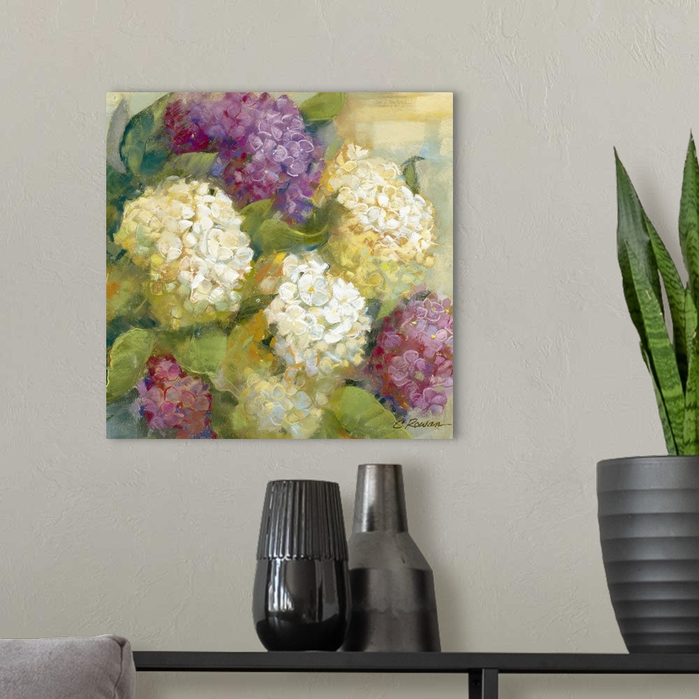 A modern room featuring Contemporary art of a bouquet of flowers, decorated with dense groups of blooms and broad leaves,...