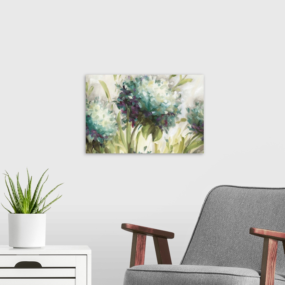 A modern room featuring Up-close painting of three blossoming balls of flower in a meadow.