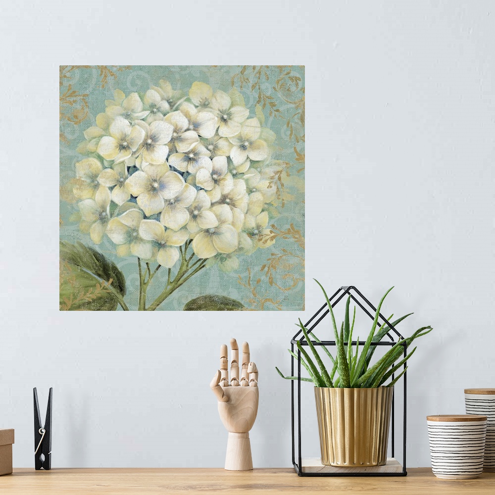 A bohemian room featuring Square, large home art docor of a branch of fully bloomed hydrangeas on a decorative background o...