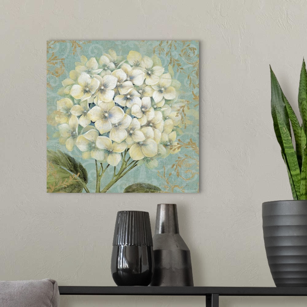 A modern room featuring Square, large home art docor of a branch of fully bloomed hydrangeas on a decorative background o...