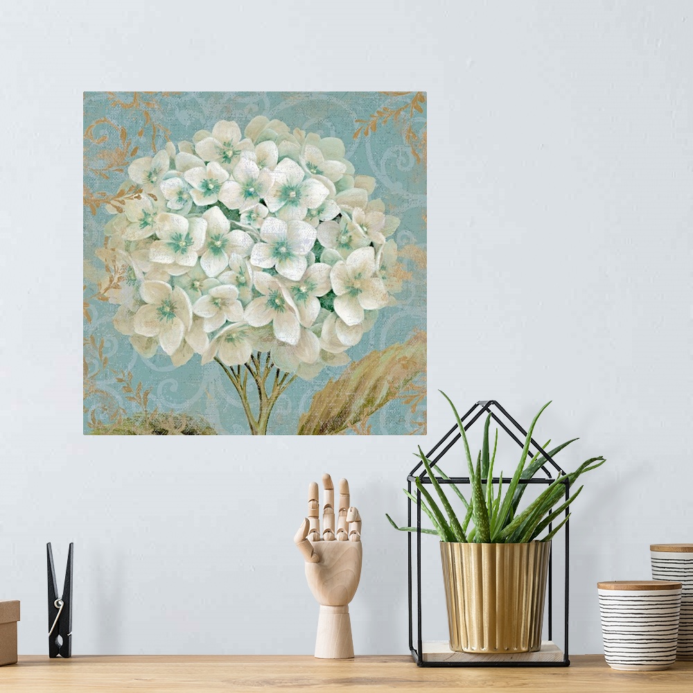 A bohemian room featuring Large square painting of a bouquet of hydrangea flowers with other intricate designs lining the b...