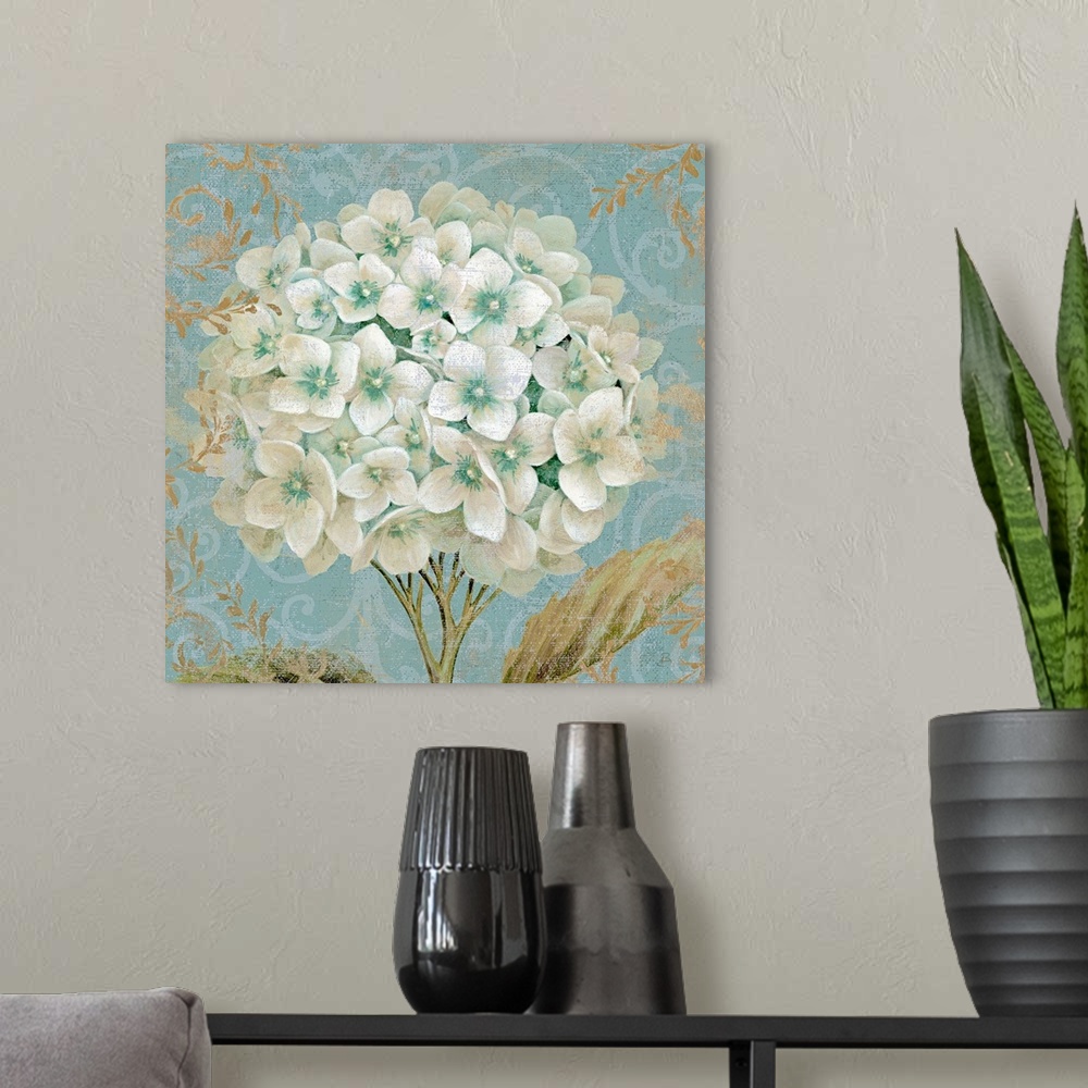 A modern room featuring Large square painting of a bouquet of hydrangea flowers with other intricate designs lining the b...