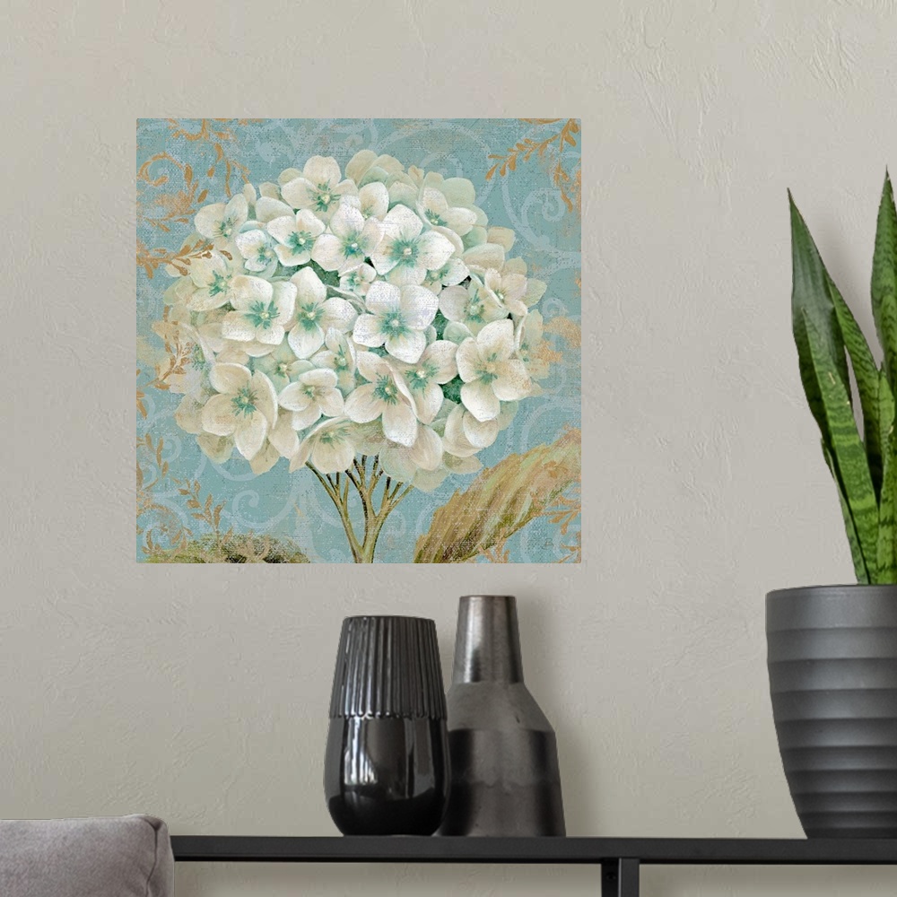 A modern room featuring Large square painting of a bouquet of hydrangea flowers with other intricate designs lining the b...