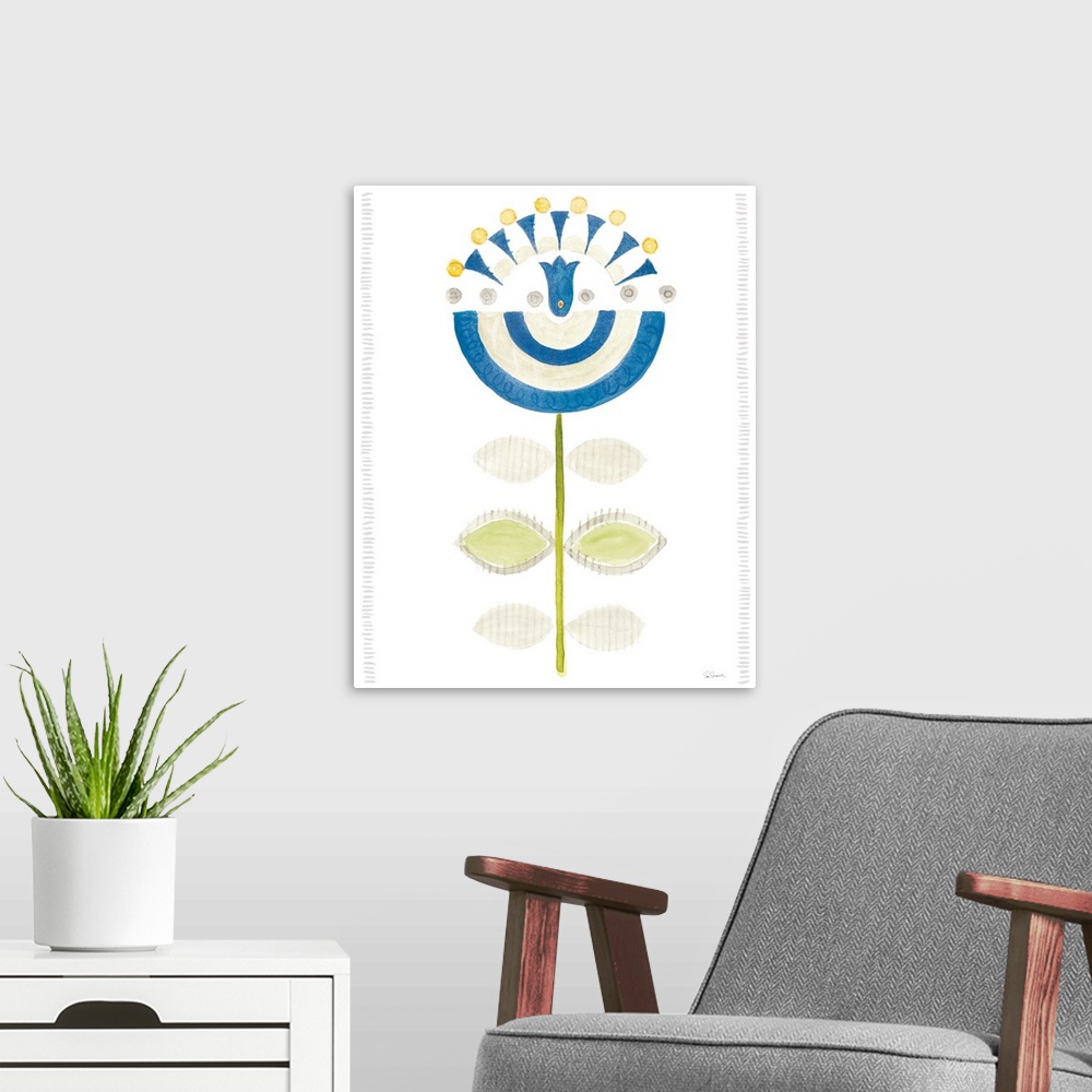 A modern room featuring Modern interpretation of a blue flower in a watercolor style.