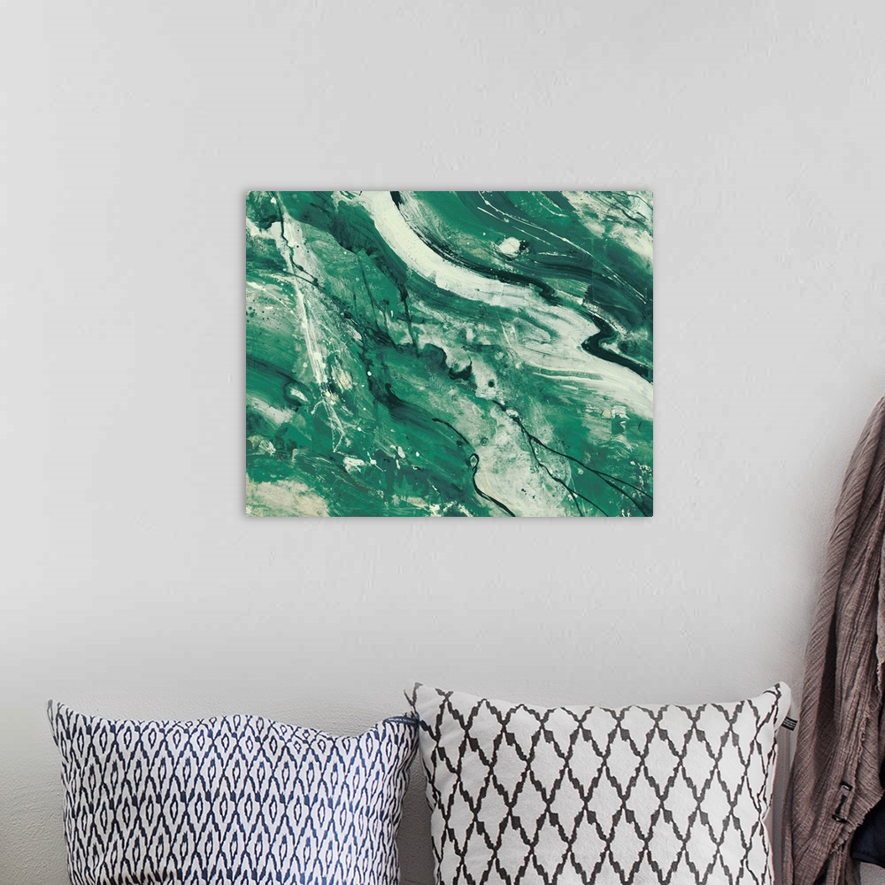 A bohemian room featuring Contemporary abstract painting using green tones and resembling marble.