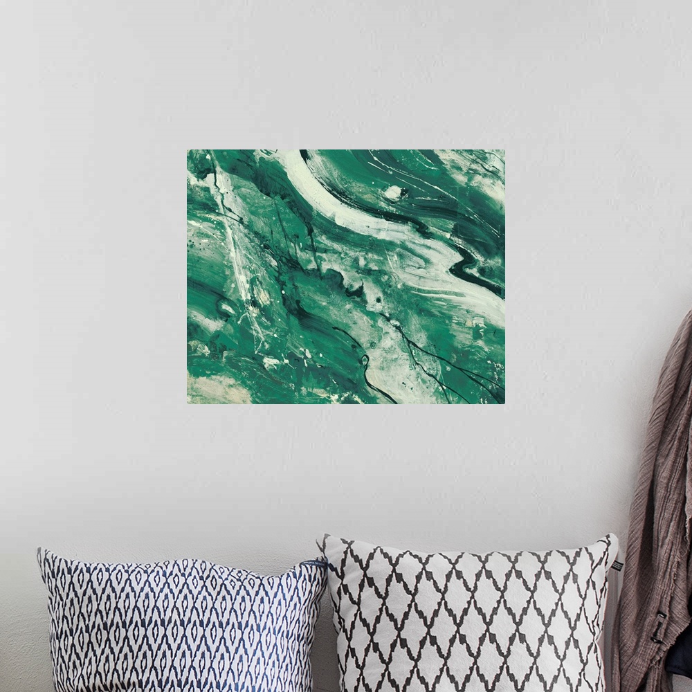 A bohemian room featuring Contemporary abstract painting using green tones and resembling marble.