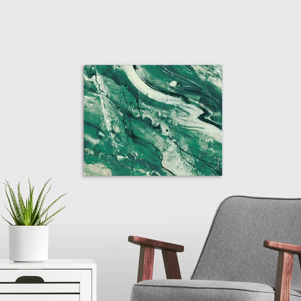 A modern room featuring Contemporary abstract painting using green tones and resembling marble.