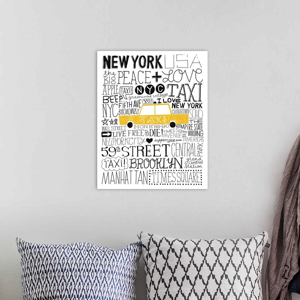 A bohemian room featuring A creative design of a yellow taxi cab with words related to the city of New York all around it.