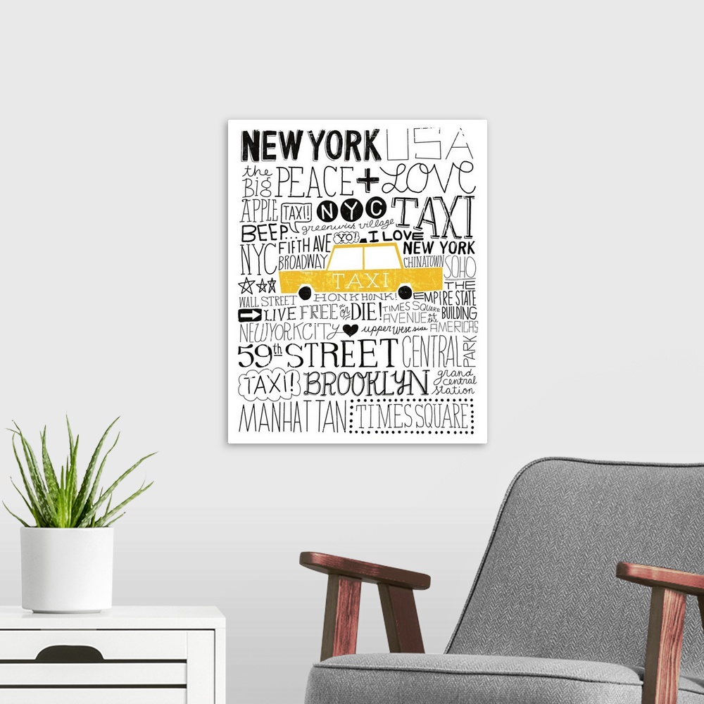 A modern room featuring A creative design of a yellow taxi cab with words related to the city of New York all around it.