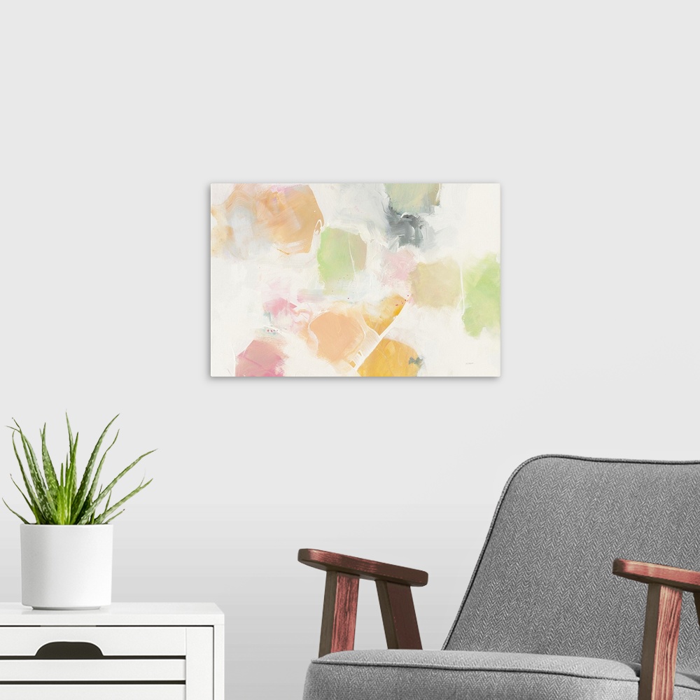 A modern room featuring Large abstract art with soft blotches of green, pink, orange, and yellow hues on a grey and white...