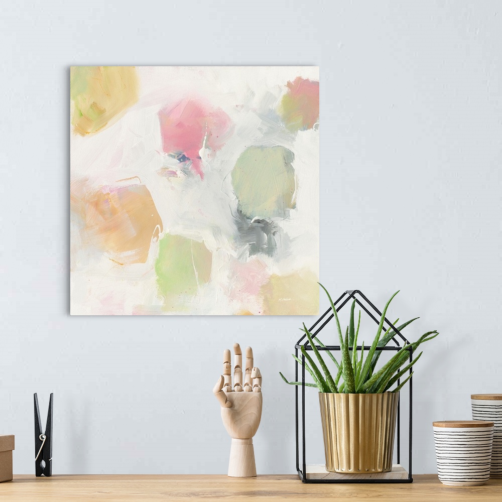 A bohemian room featuring Square abstract art with soft blotches of green, pink, orange, and yellow hues on a grey and whit...