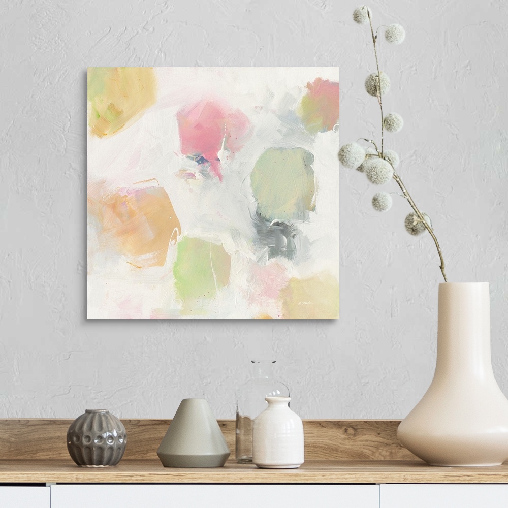 A farmhouse room featuring Square abstract art with soft blotches of green, pink, orange, and yellow hues on a grey and whit...