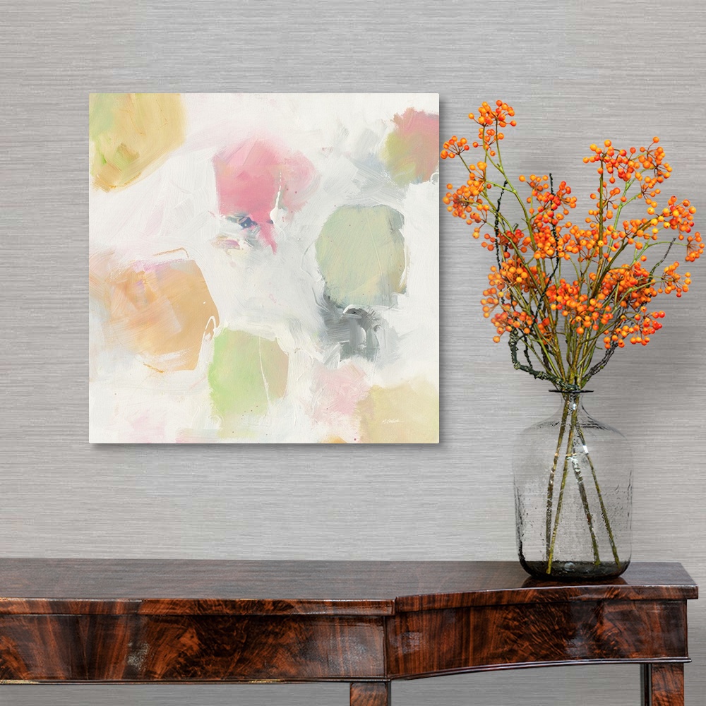 A traditional room featuring Square abstract art with soft blotches of green, pink, orange, and yellow hues on a grey and whit...