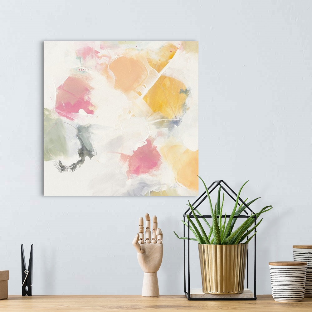 A bohemian room featuring Square abstract art with soft blotches of green, pink, orange, and yellow hues on a grey and whit...