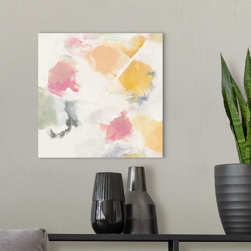 A modern room featuring Square abstract art with soft blotches of green, pink, orange, and yellow hues on a grey and whit...