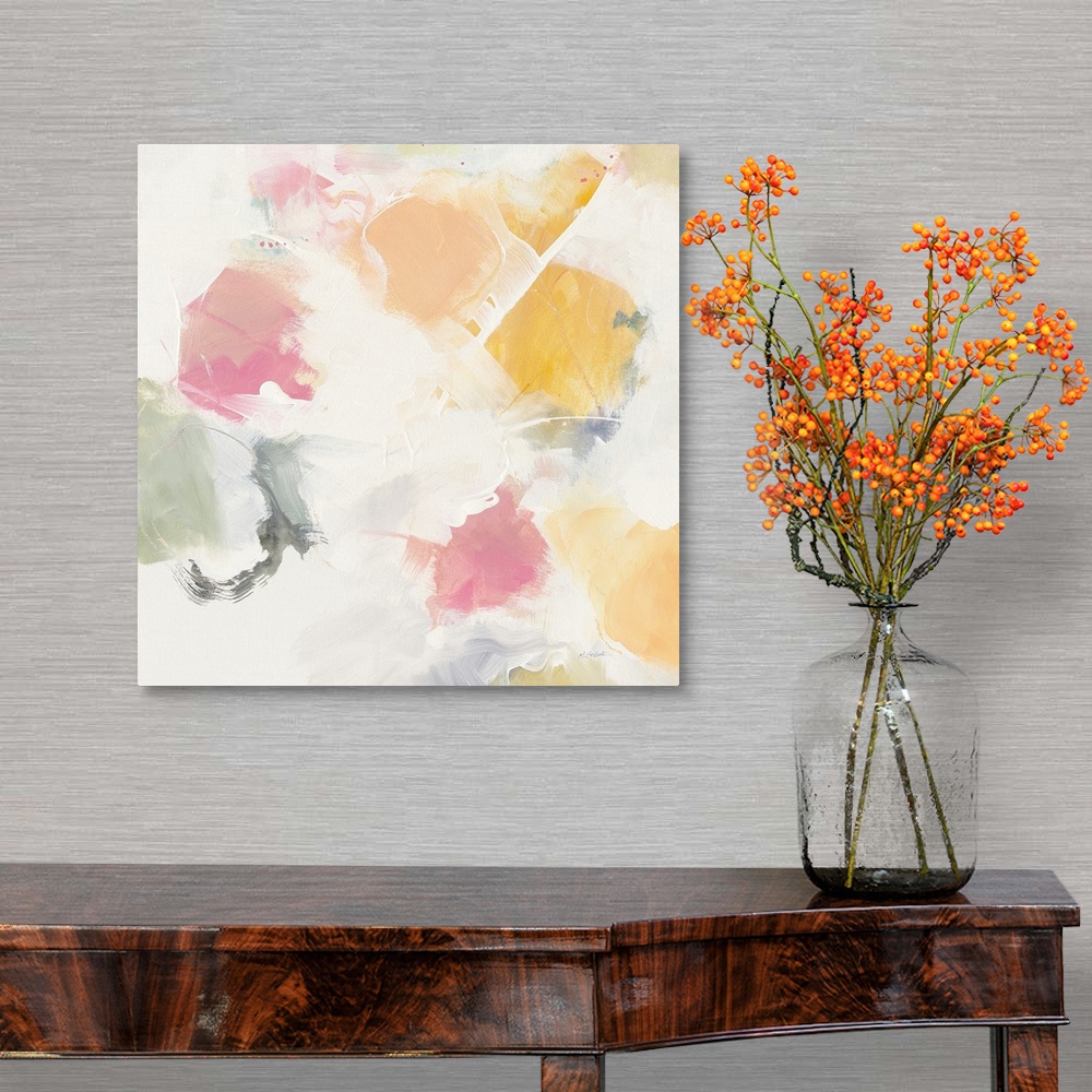 A traditional room featuring Square abstract art with soft blotches of green, pink, orange, and yellow hues on a grey and whit...