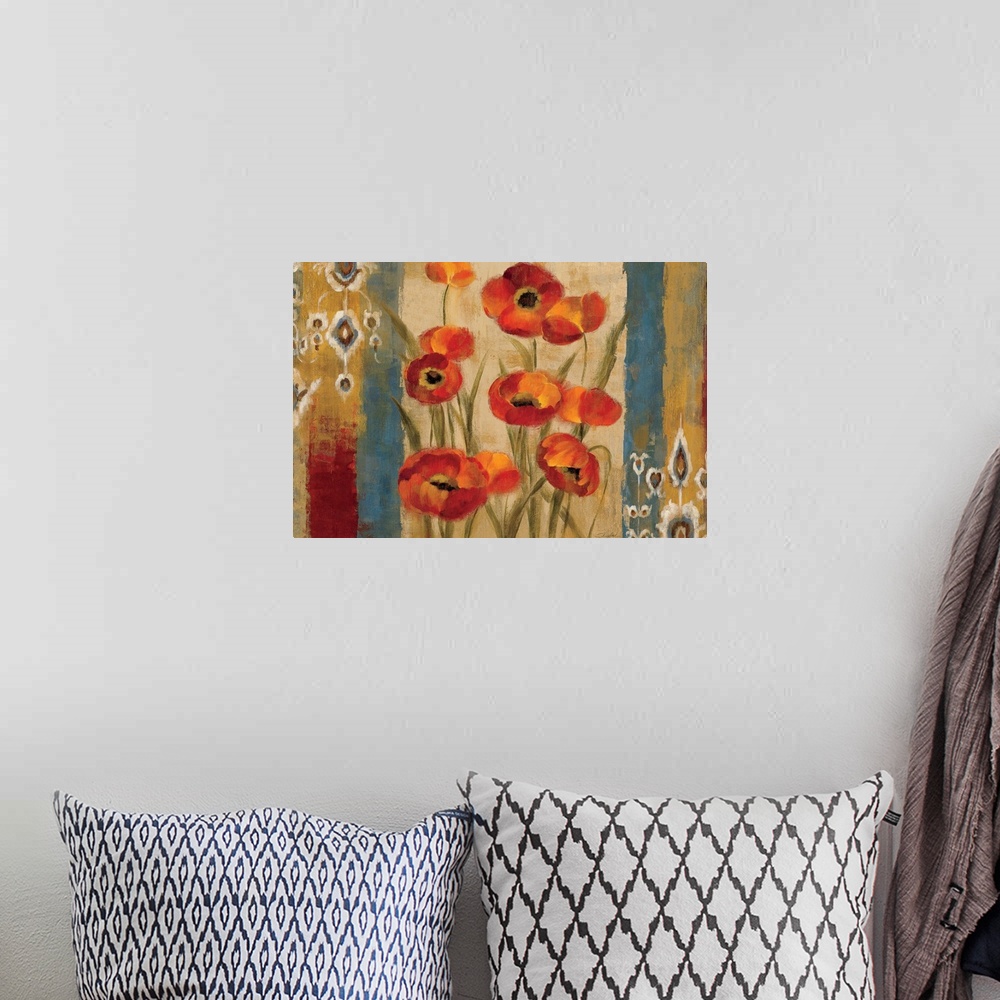 A bohemian room featuring Contemporary painting of flowers on a vertically striped background.  The flowers are flanked by ...