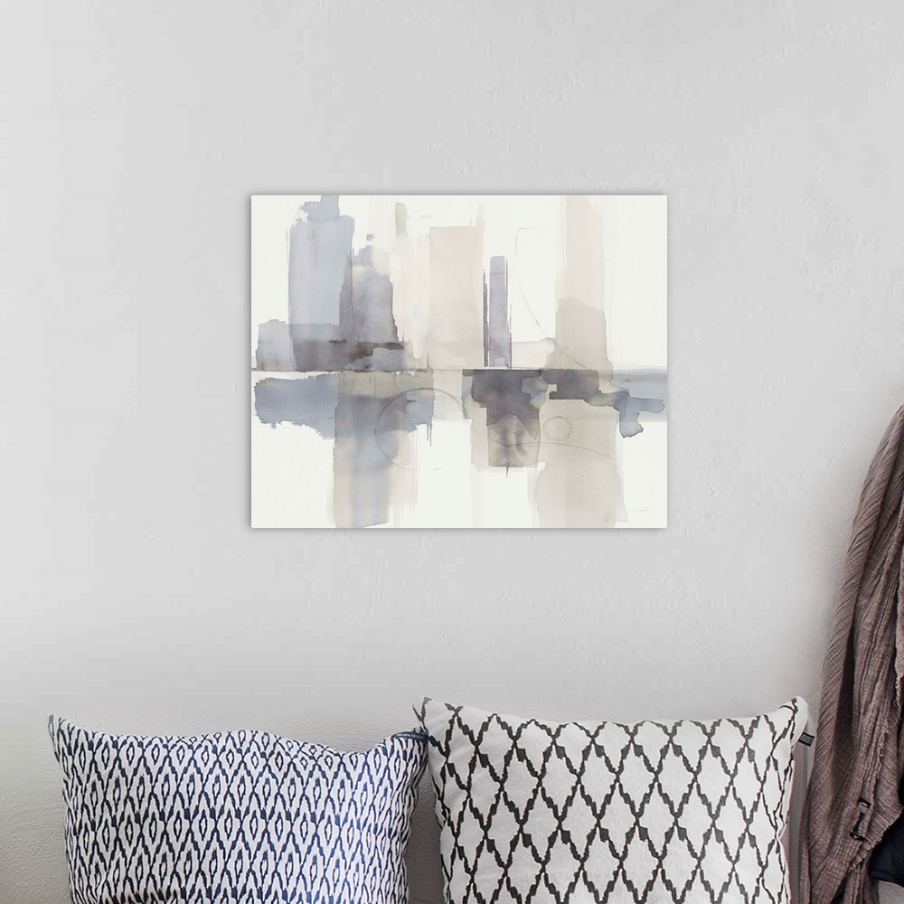 A bohemian room featuring Abstract gray, purple, and cream watercolor painting that resembles a skyline with a reflection.